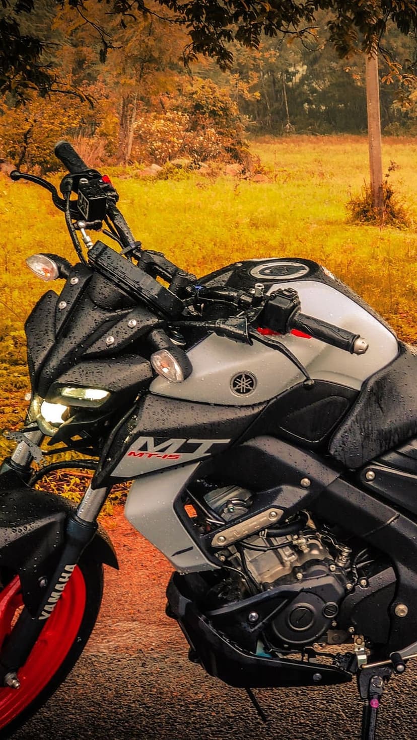 Yamaha MT-15 motorcycle with red wheel accents parked on a wet dirt road during autumn with orange foliage behind.