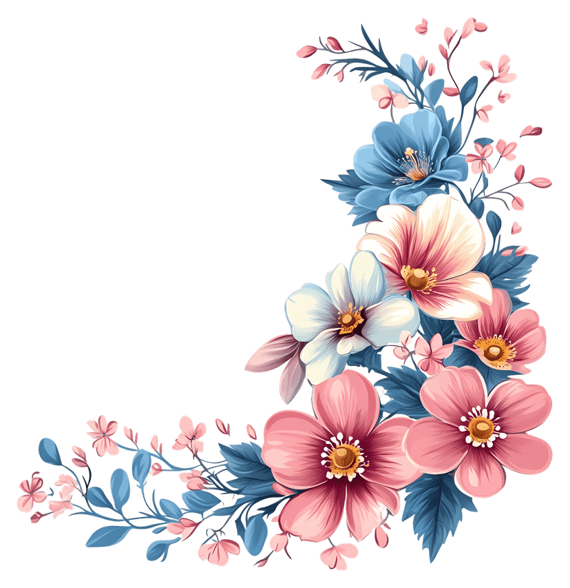 Floral corner arrangement features watercolor pink petals and green leaves on a transparent background.