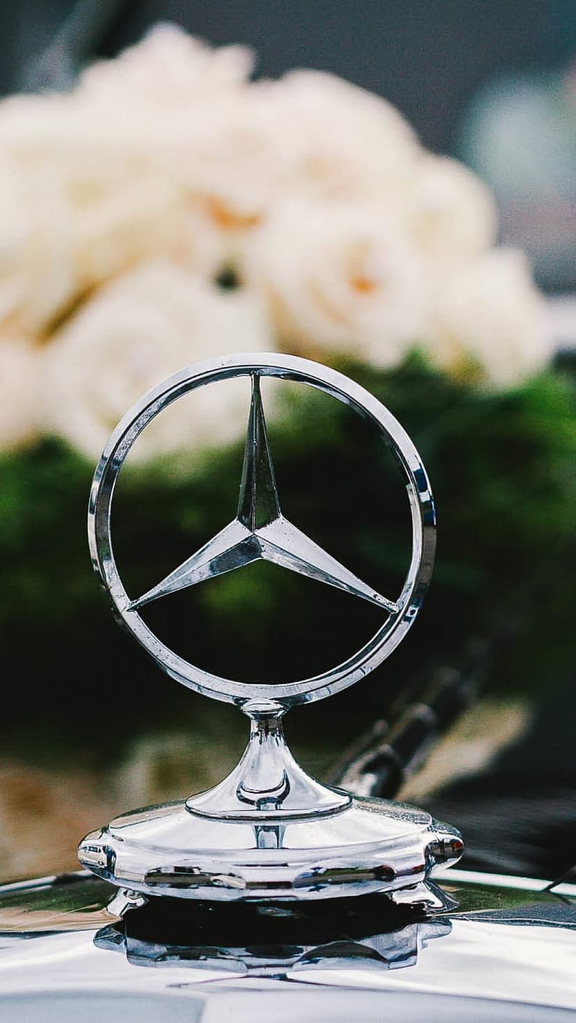 Chrome Mercedes-Benz star hood ornament on a vintage car with blurred white roses in the background.