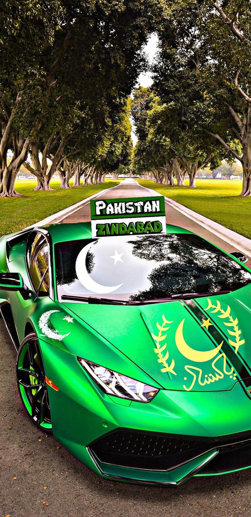 Green Lamborghini with a white crescent and star on its hood parked on a road with trees in the background.