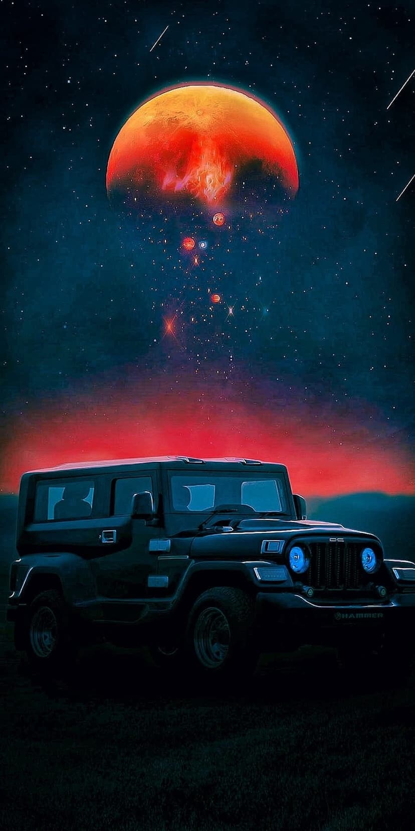 Black Jeep with blue headlights parked on a dark field under a massive red planet and starry cosmic sky.