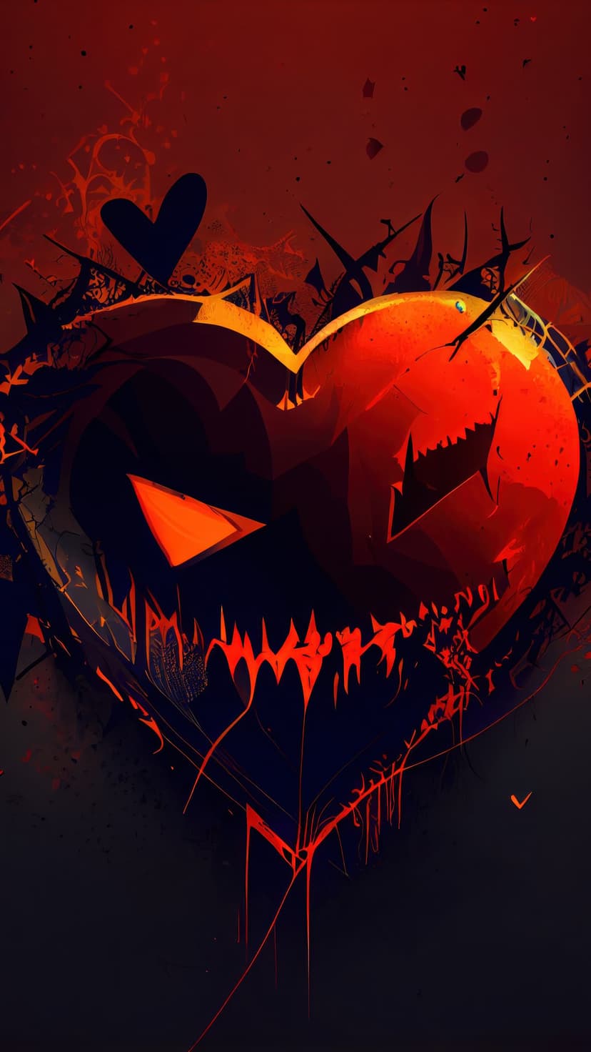 Menacing black heart with sharp thorns and glowing orange eyes radiates red light against a dark background.