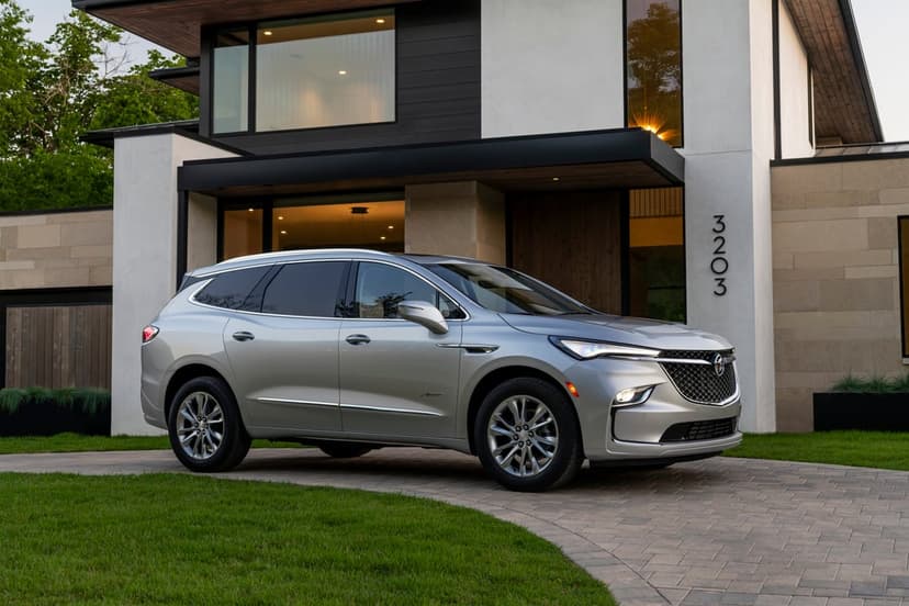 Silver Buick Enclave SUV on a brick driveway in front of a modern two-story house with glowing windows at dusk.