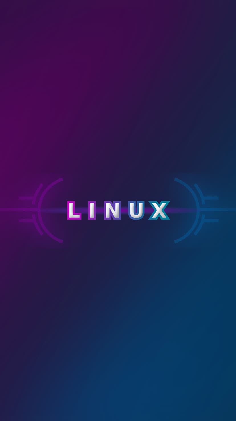 Linux logo glowing in neon purple and blue sits amidst sharp geometric lines on a dark gradient background.