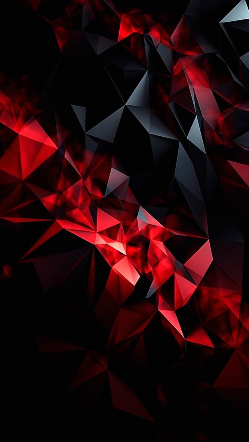 Red and black geometric polygons with sharp faceted edges and glowing light accents in a vertical layout.