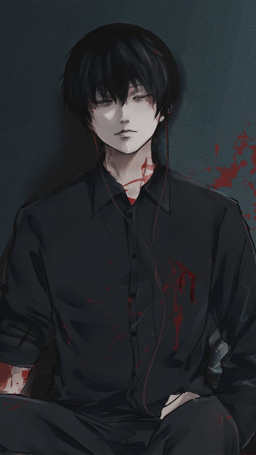 Ken Kaneki with dark hair and red headphones wears a blood-stained black shirt against a dark textured backdrop.