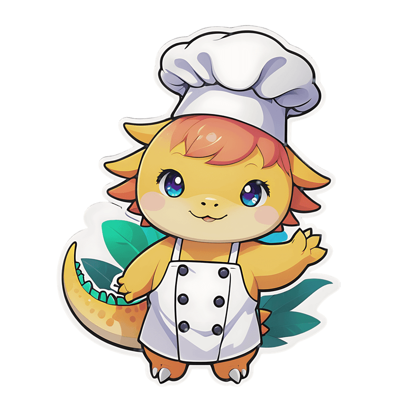 Yellow dinosaur chef wearing white hat and apron with blue eyes and pink cheeks in a glossy cartoon sticker style.