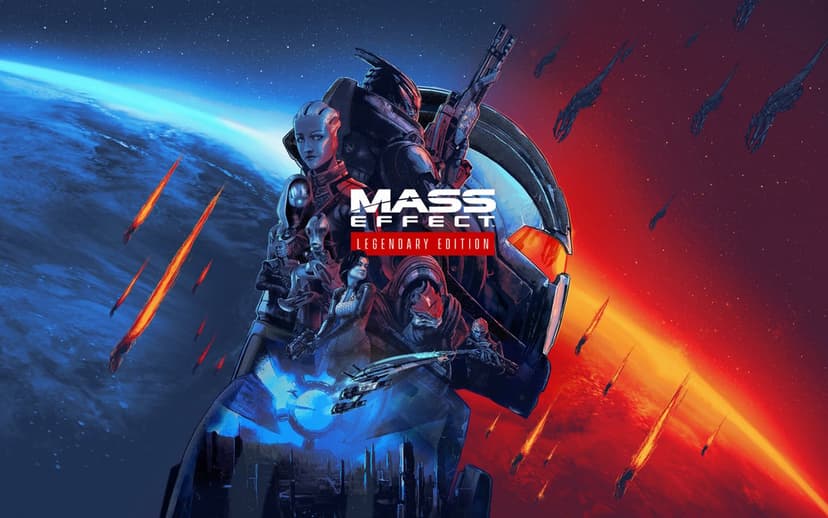 Mass Effect characters in a helmet silhouette against a blue and red space background with ships and Reapers.