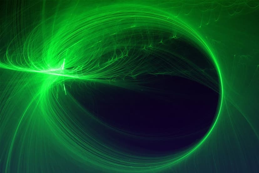 Glowing neon green energy streams twist into a tight spiral vortex against a deep black, minimalist backdrop.