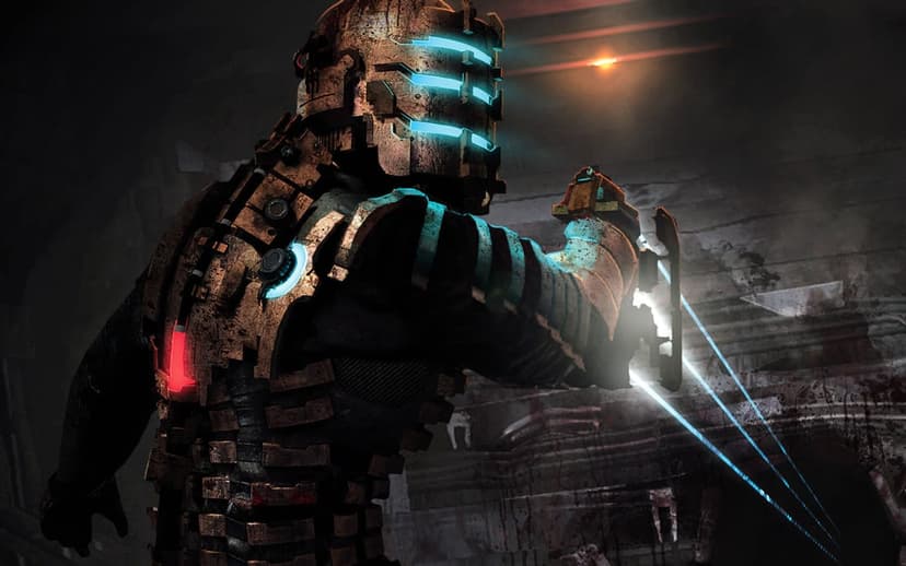 Isaac Clarke in rusted engineering armor aims a triple-beam plasma cutter in a dark industrial corridor.