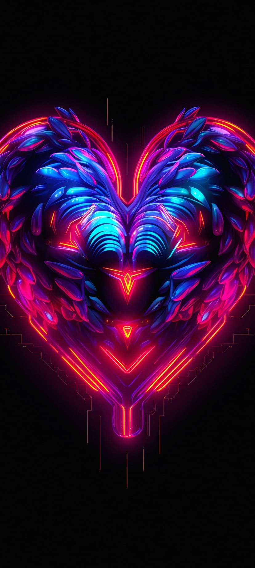 Neon heart with electric blue feather textures and glowing red circuit lines against a minimalist dark space.