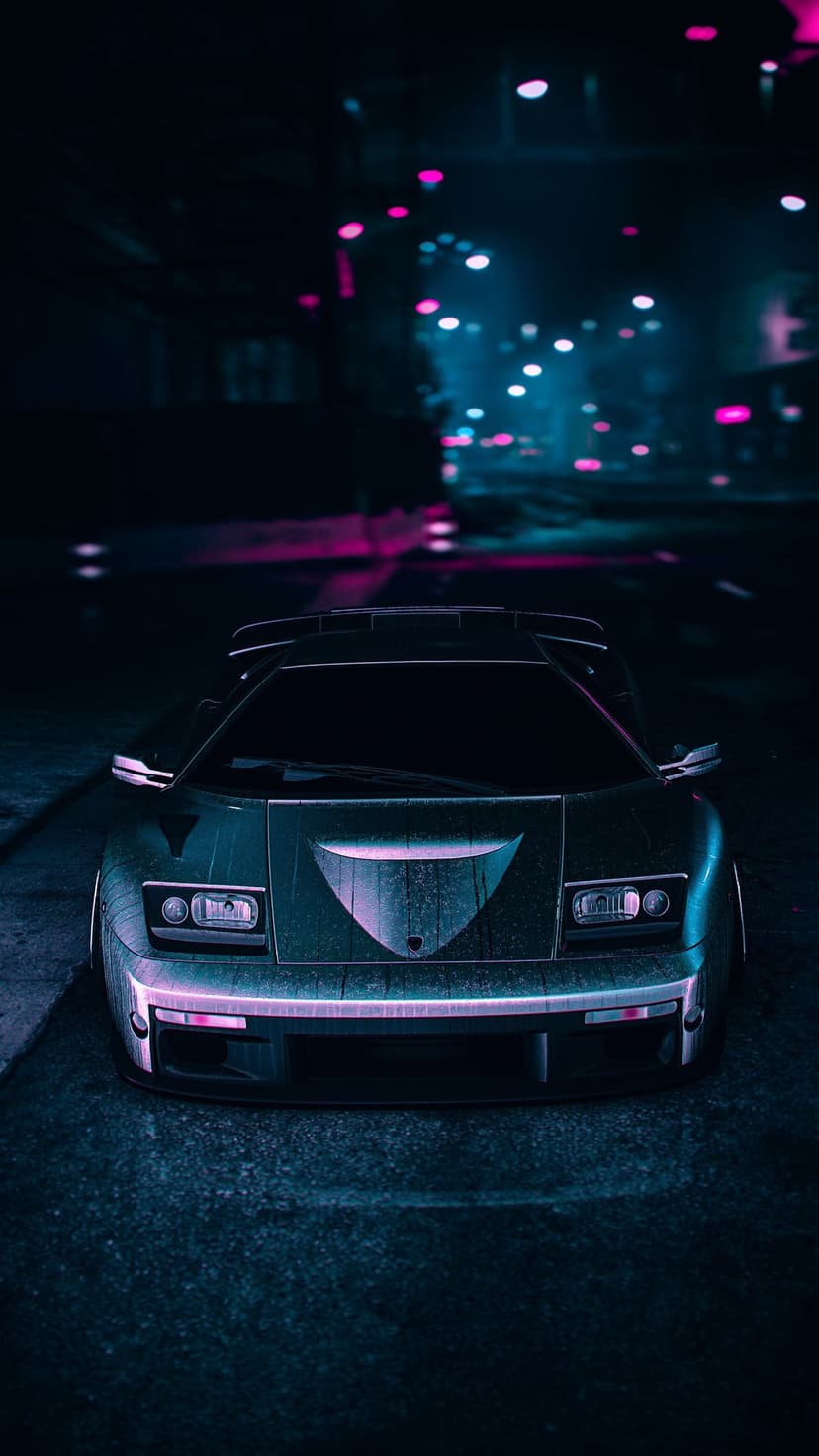 Wedge-shaped sports car with glowing headlights parked on a wet city street under vibrant pink and blue neon lights.