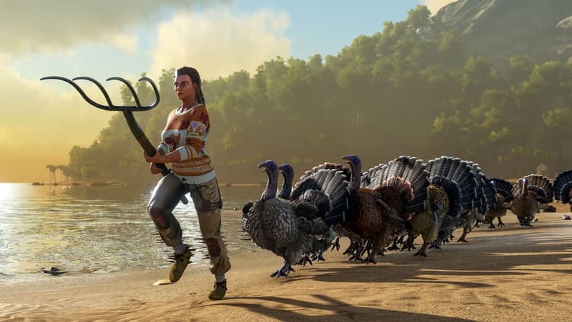 Woman in a patterned knit sweater running on a sunny beach with a pitchfork followed by a line of wild turkeys.