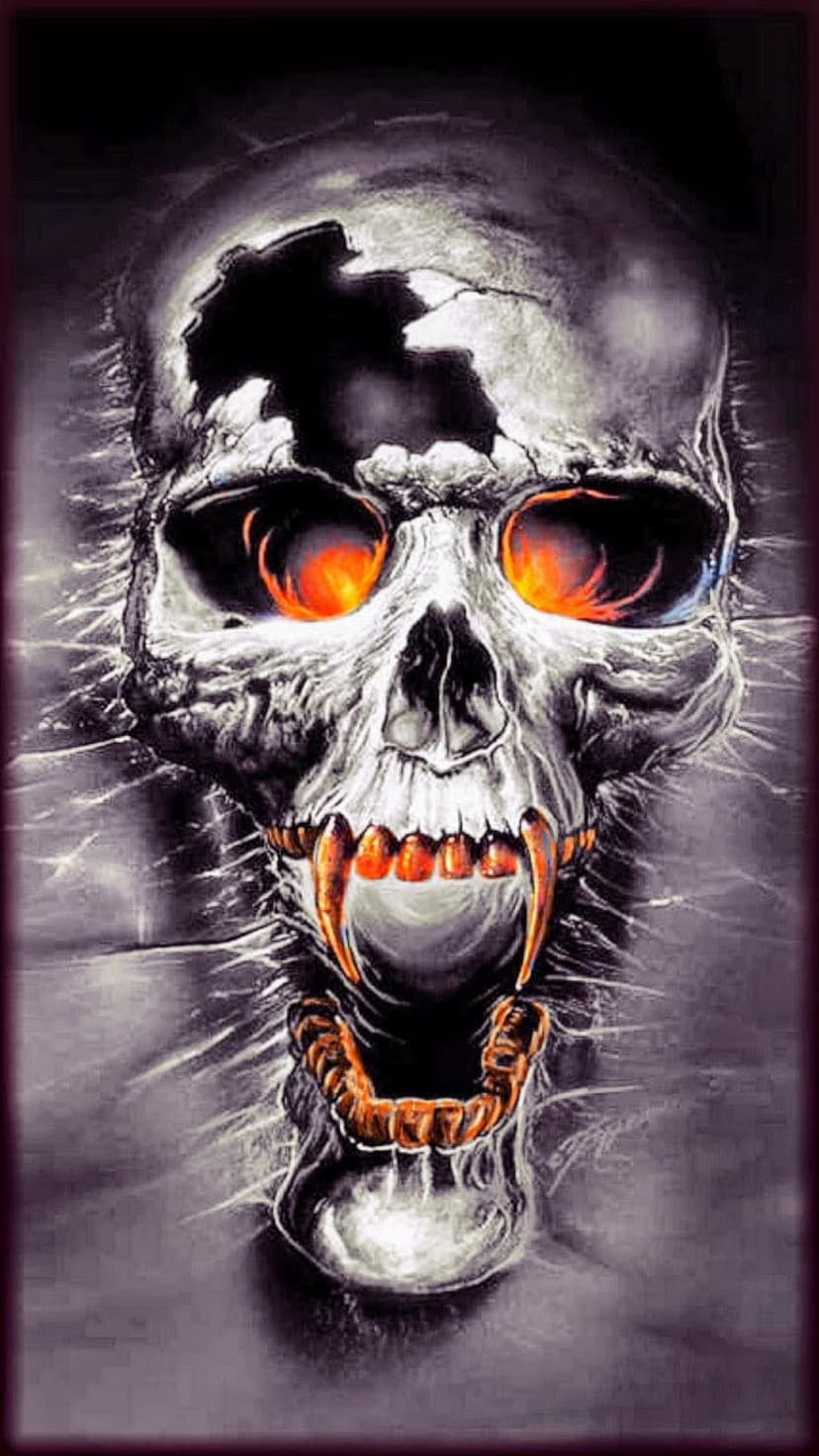 Cracked bone skull with sharp fangs and glowing orange eyes emerging from swirling dark gray smoke.