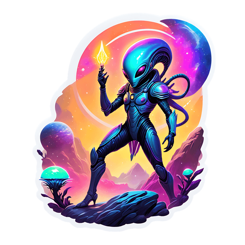 Alien warrior in purple armor holds a glowing golden spear against a vibrant nebula background with flora.