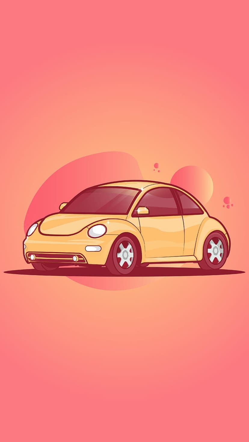Yellow Volkswagen Beetle with rounded fenders on a gradient pink and orange background with abstract shapes.