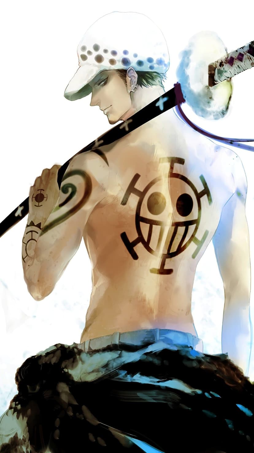 Trafalgar Law stands shirtless from behind showing a large black heart pirate tattoo and carrying a long sword.