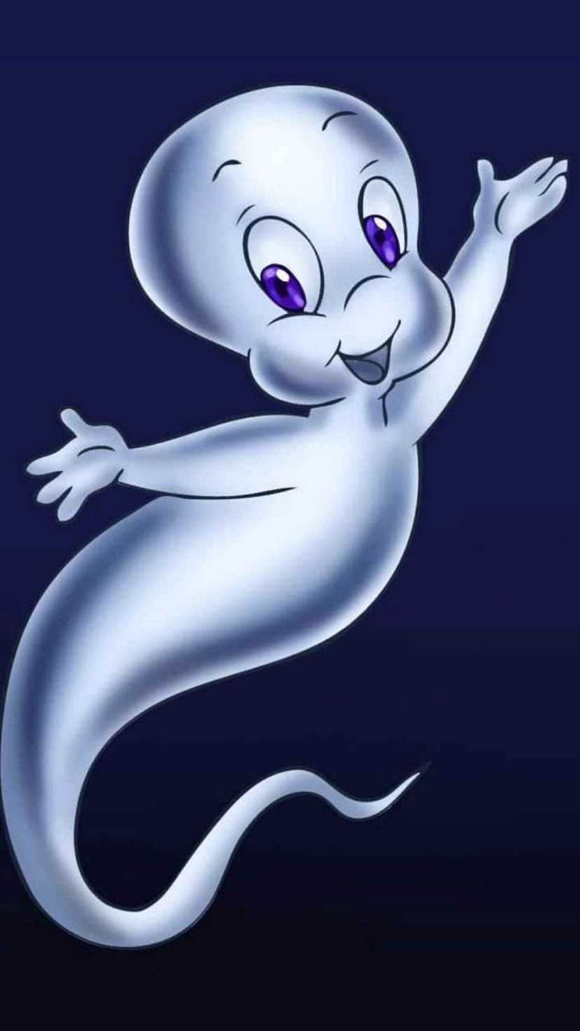 Casper the Friendly Ghost waves a hand with a cheerful expression against a solid dark blue backdrop.