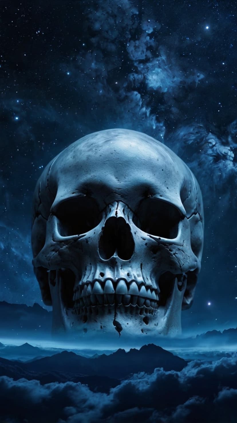 Massive human skull floating over misty mountain ridges under a starry night sky with purple and blue nebulae.