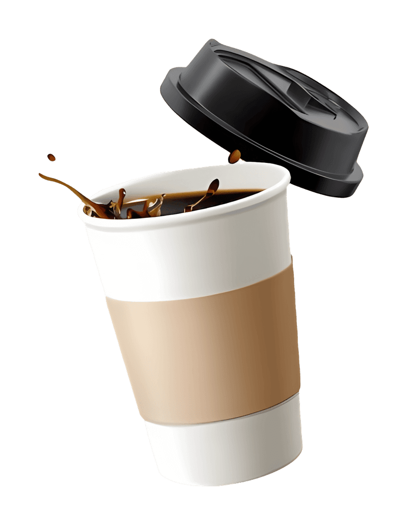 Spilled coffee takeaway cup displays a realistic brown liquid splash leaping from a white paper container.