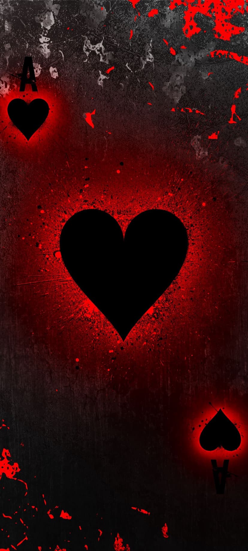 Ace of Spades and Ace of Hearts cards with glowing red edges and paint splatters on a black textured background.