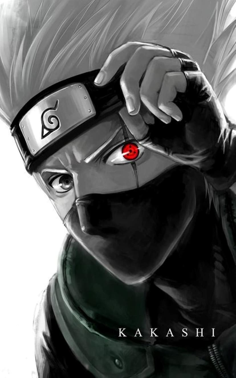 Kakashi Hatake with a glowing red Sharingan eye stares forward intensely against a noir-style monochromatic backdrop.