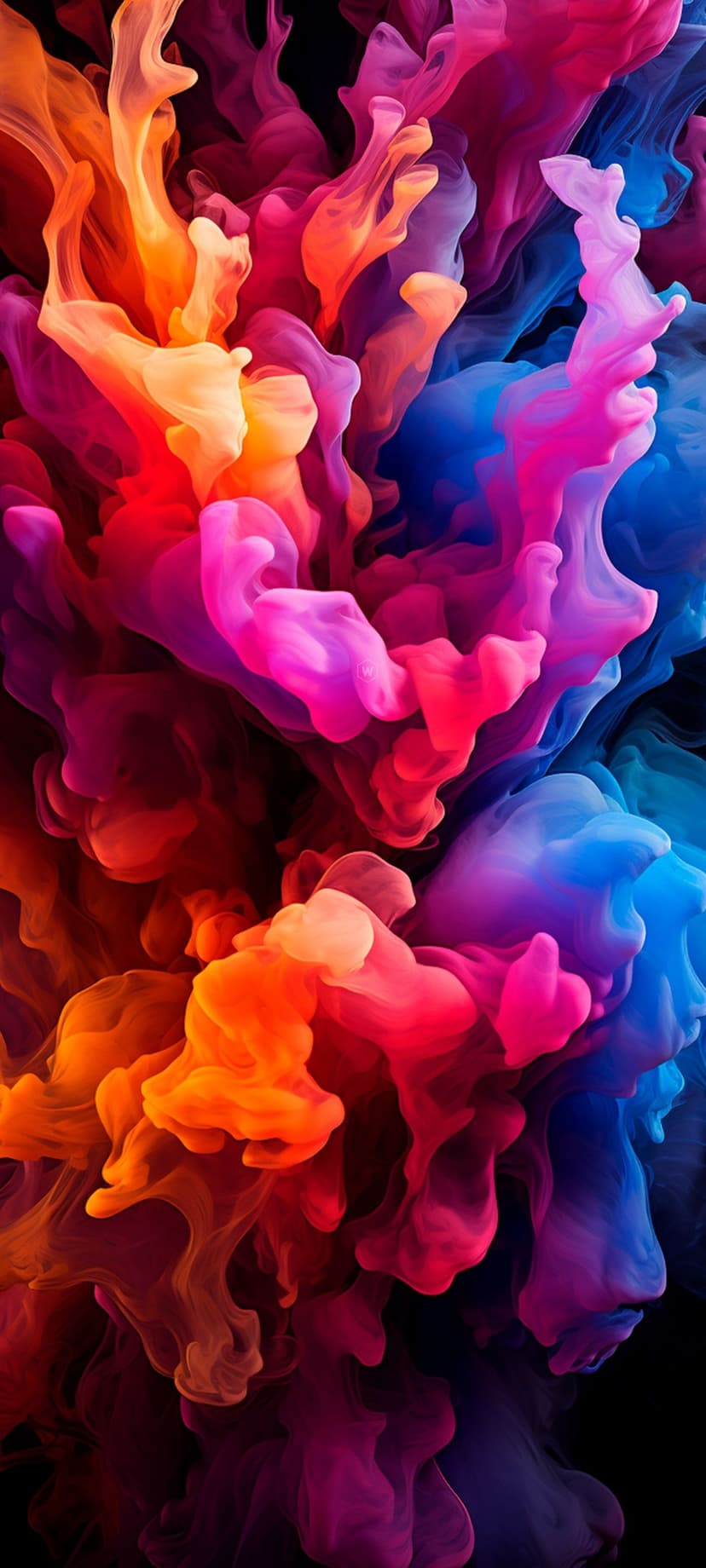 Pink, blue, and orange ink plumes swirl together in a dark void with intricate fluid textures and glowing edges.