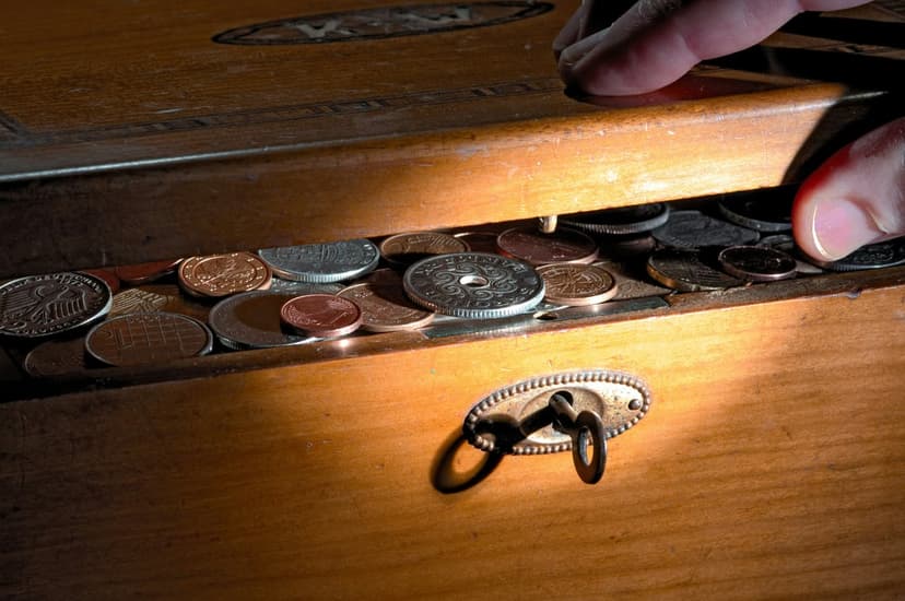 Hand opening an antique wooden chest filled with shiny metal coins, highlighting textured wood and keyhole.
