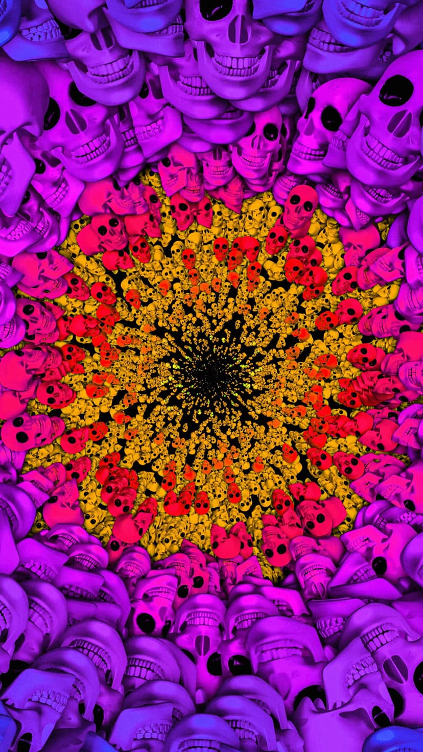 Neon skulls spiraling toward a dark central abyss in a vibrant, kaleidoscopic vortex with purple and red light.