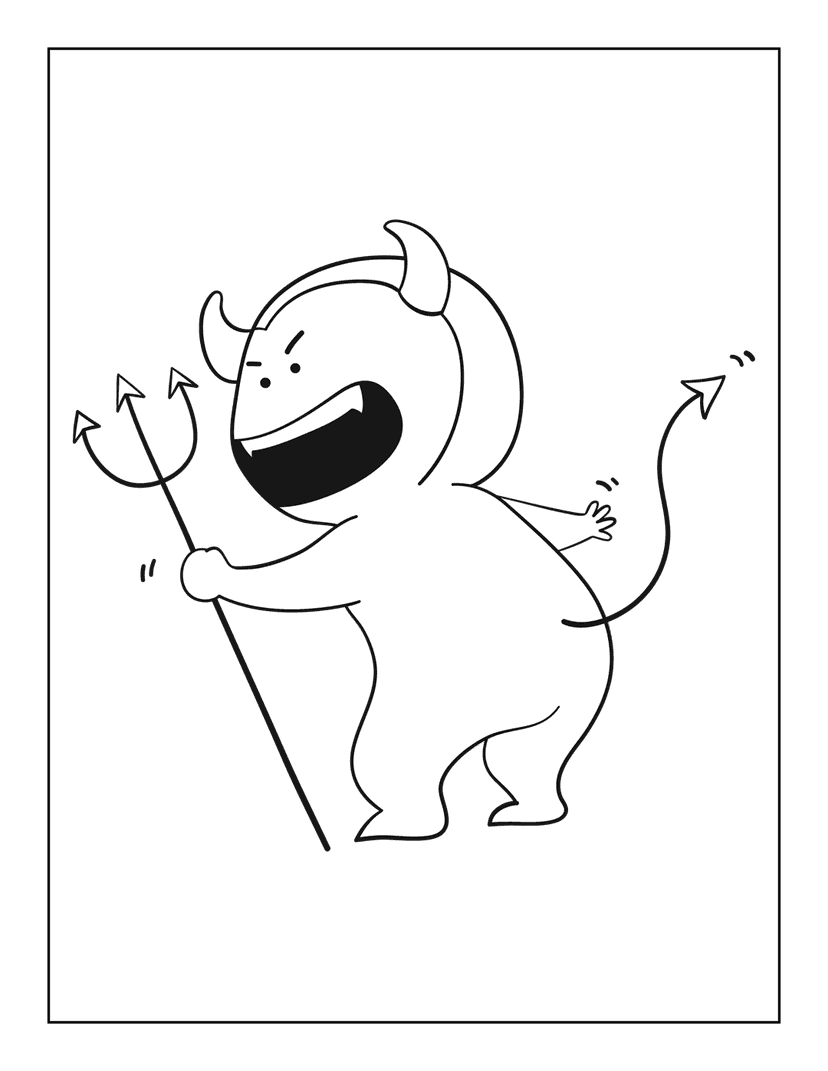 Devil coloring page line art shows a horned monster holding a pitchfork with an arrow tail and grinning face.