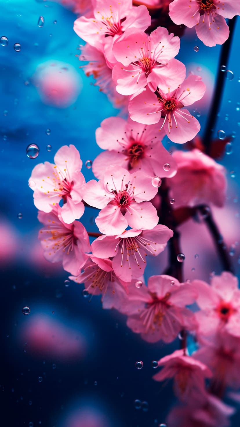 Pink cherry blossoms with clear water droplets on a blurred blue background create a serene macro floral scene.