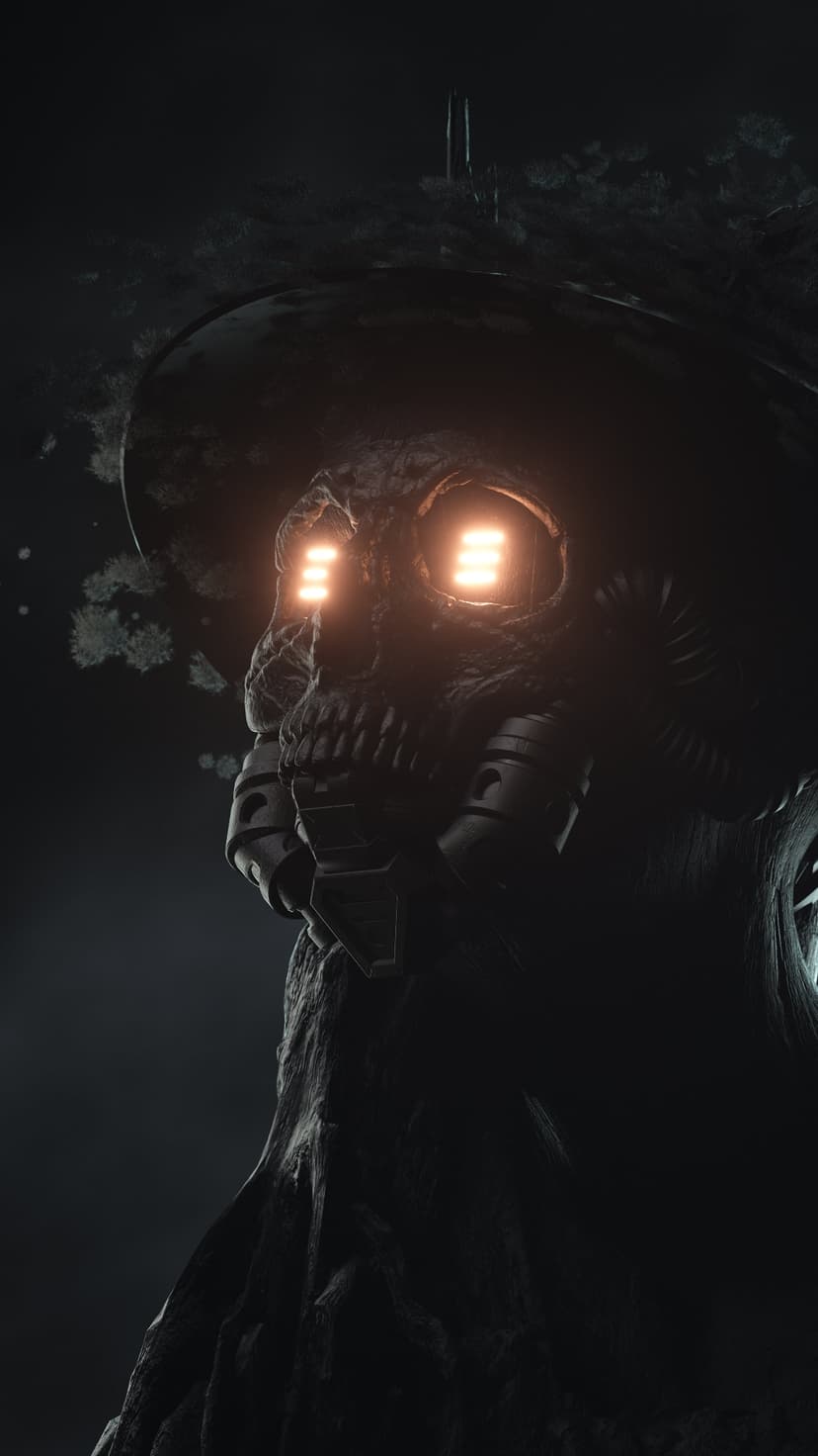 Mechanical android with three-panel glowing orange eyes wears a dark respirator mask in a foggy environment.