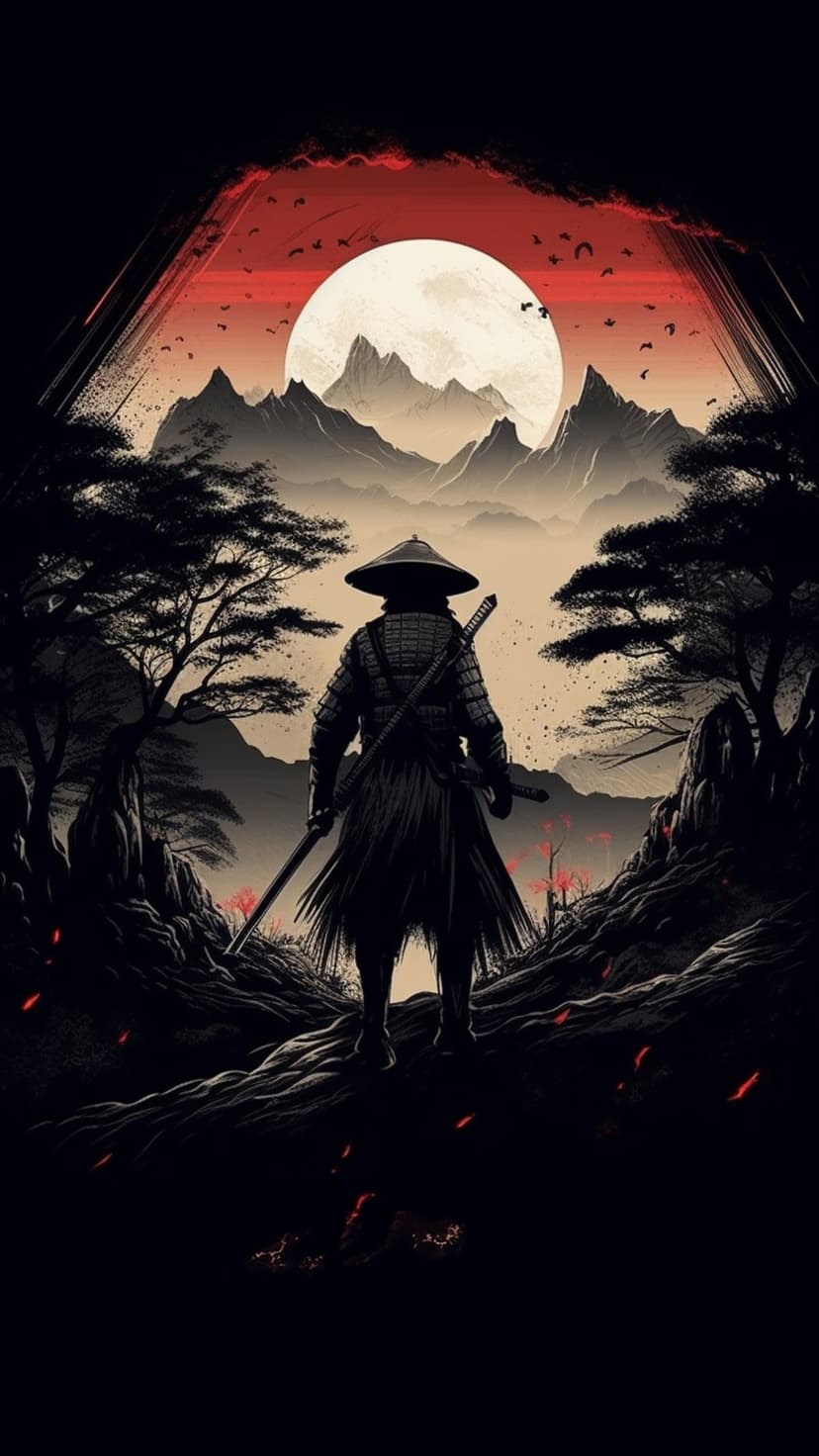 Samurai warrior in armor and a conical hat stands on a cliff under a giant moon and orange mountain sky.