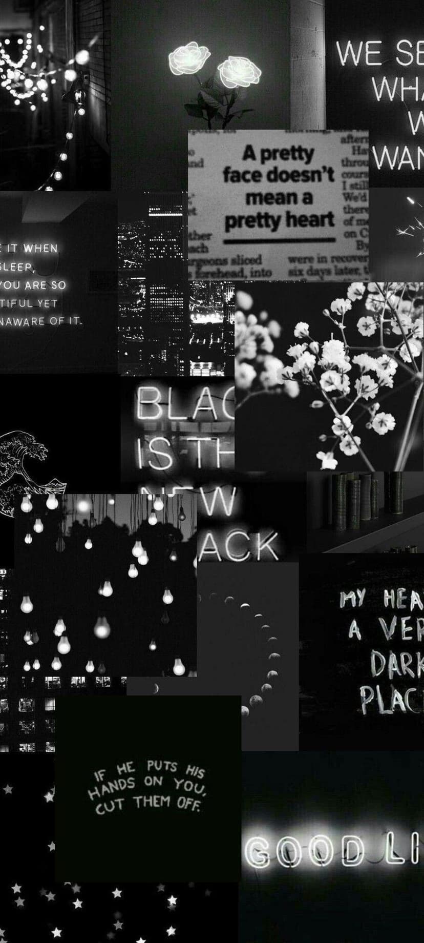 Neon signs with dark quotes surround glowing roses and a black and white cityscape in a vertical collage.