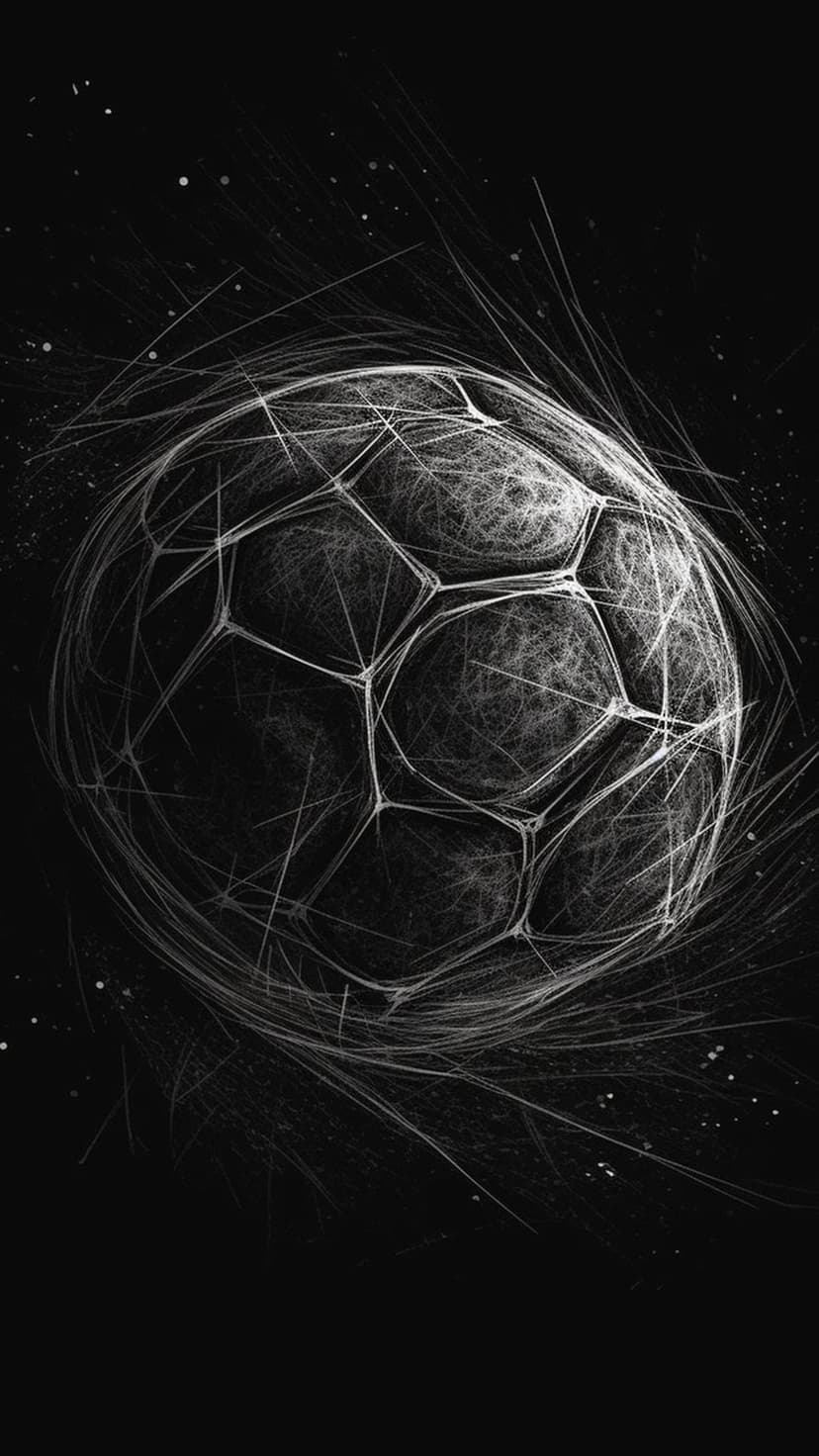 Soccer ball with sketched textures and glowing white lines floats amidst fine white specks on a black backdrop.