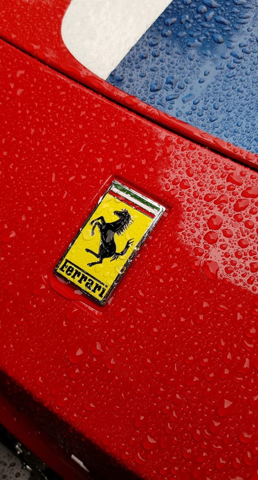 Ferrari prancing horse badge on a red car hood covered in glistening water droplets during a rainy afternoon.