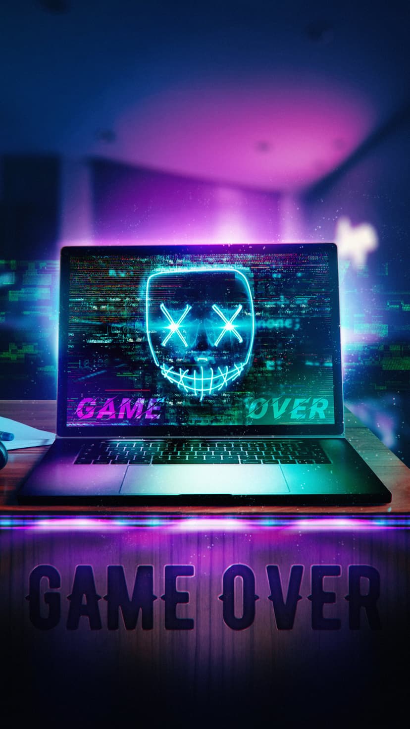 Cyberpunk laptop screen displaying a neon mask with X eyes and Game Over text amidst glowing blue binary code.