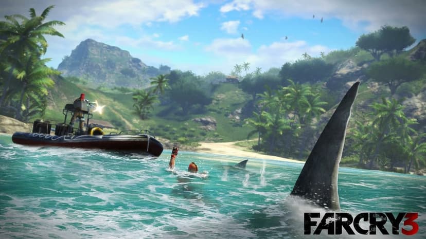 A man swimming in turquoise water near a large shark fin and a patrol boat on a lush tropical island beach.