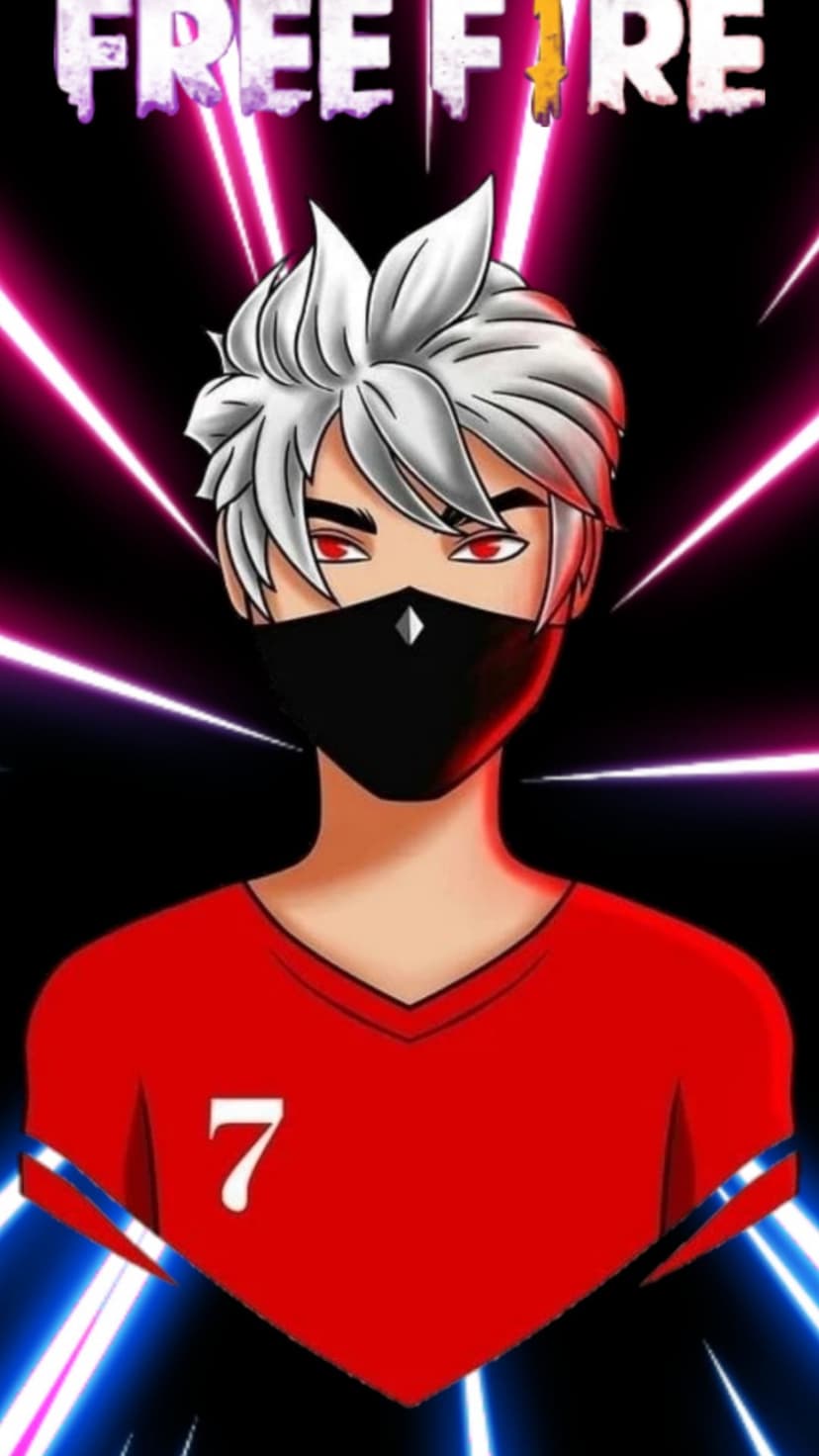 White-haired warrior with a black mask and red number seven shirt standing before neon blue and pink streaks.
