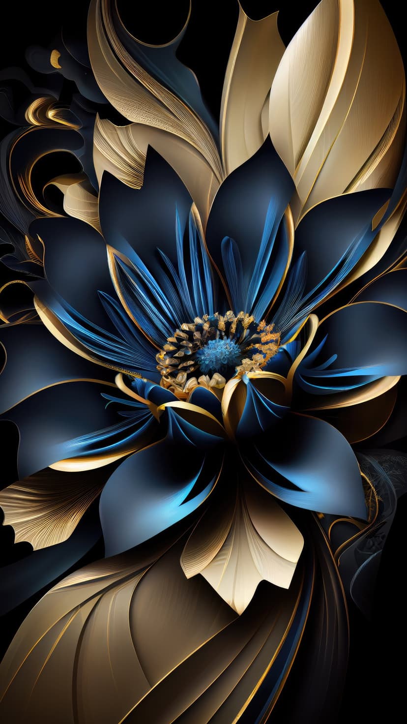Stylized dark blue flower with swirling golden metallic petals glowing against a solid black background.