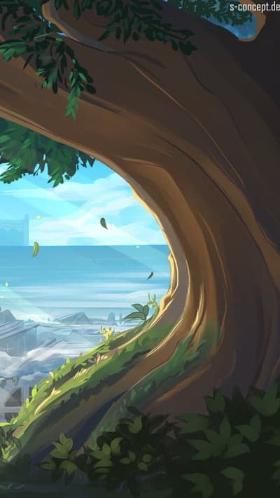 Giant tree framing a serene landscape with sunbeams