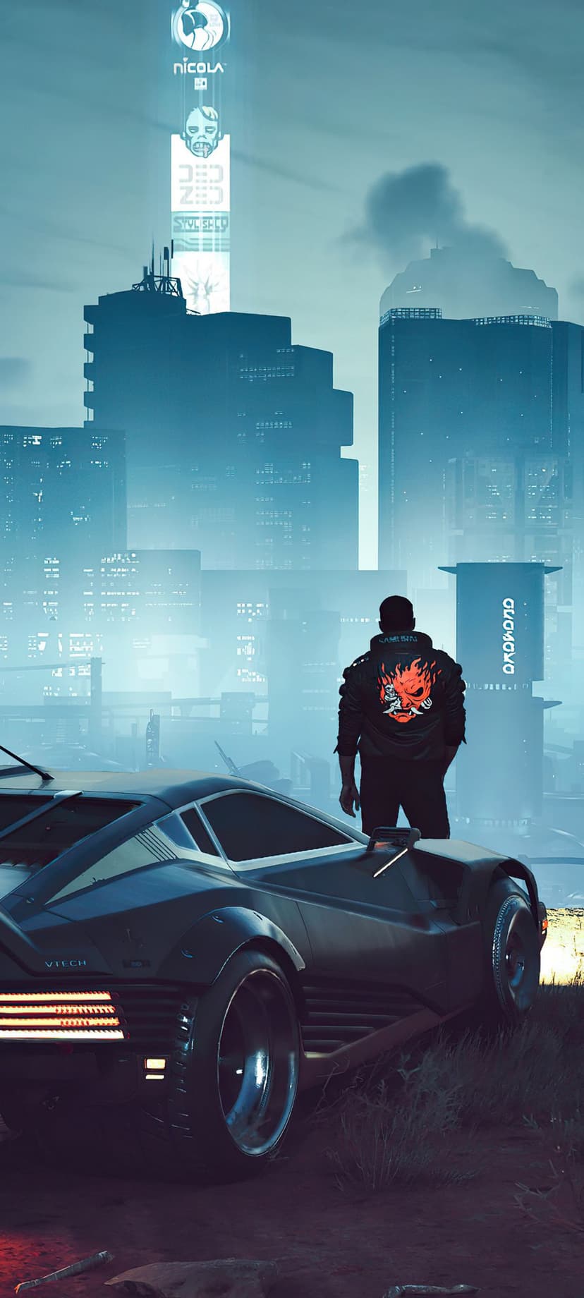 Lone samurai in traditional armor stands beside a glowing sports car overlooking a neon-lit futuristic cityscape.
