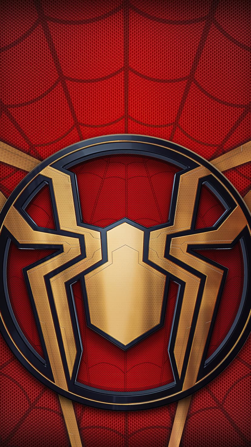 Golden spider emblem on a textured red superhero suit with black outlines and subtle hexagonal web patterns.
