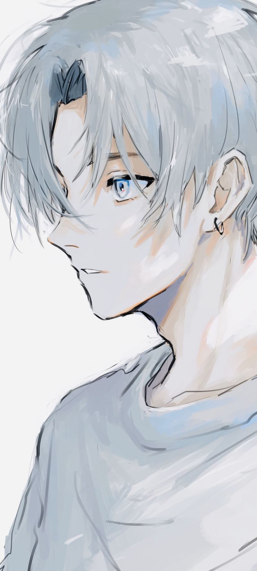 Anime boy with messy white hair and blue eyes wearing a black hoop earring in a side profile view.
