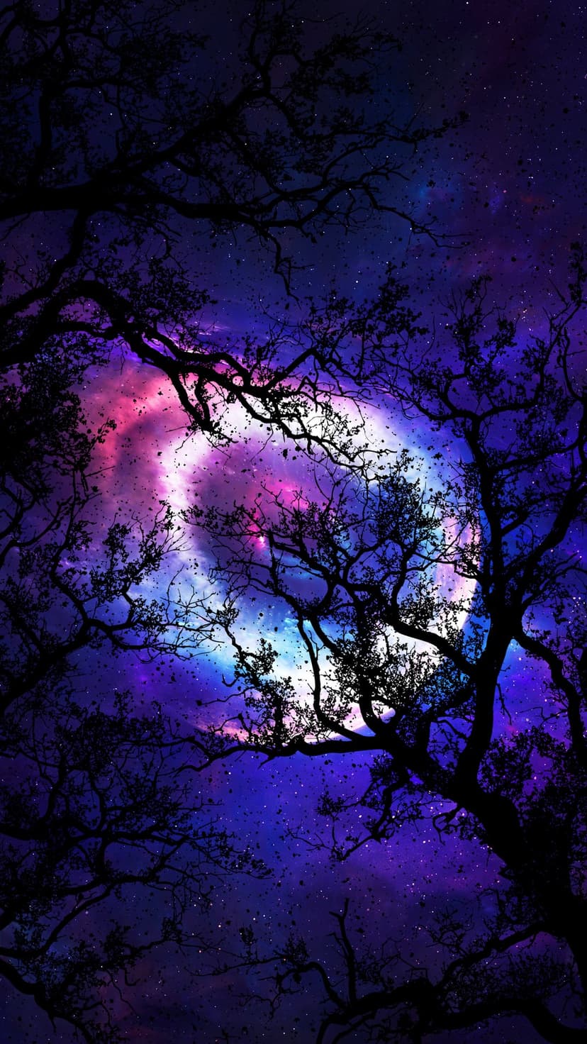 Dark tree branches frame a vibrant pink and purple cosmic nebula under a dense field of shimmering stars.
