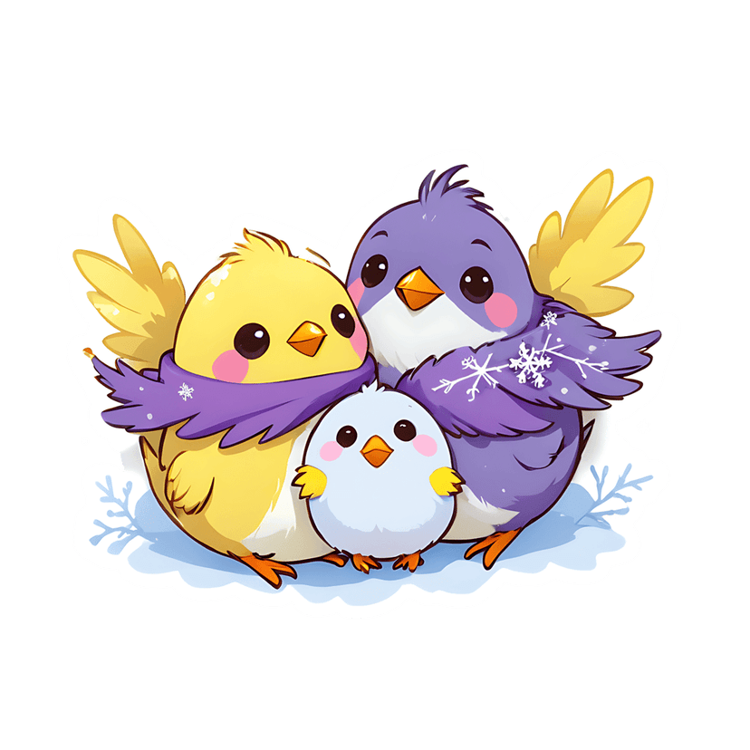 Avian family sticker illustration featuring three birds with purple scarves and snowflake patterns in glossy style.