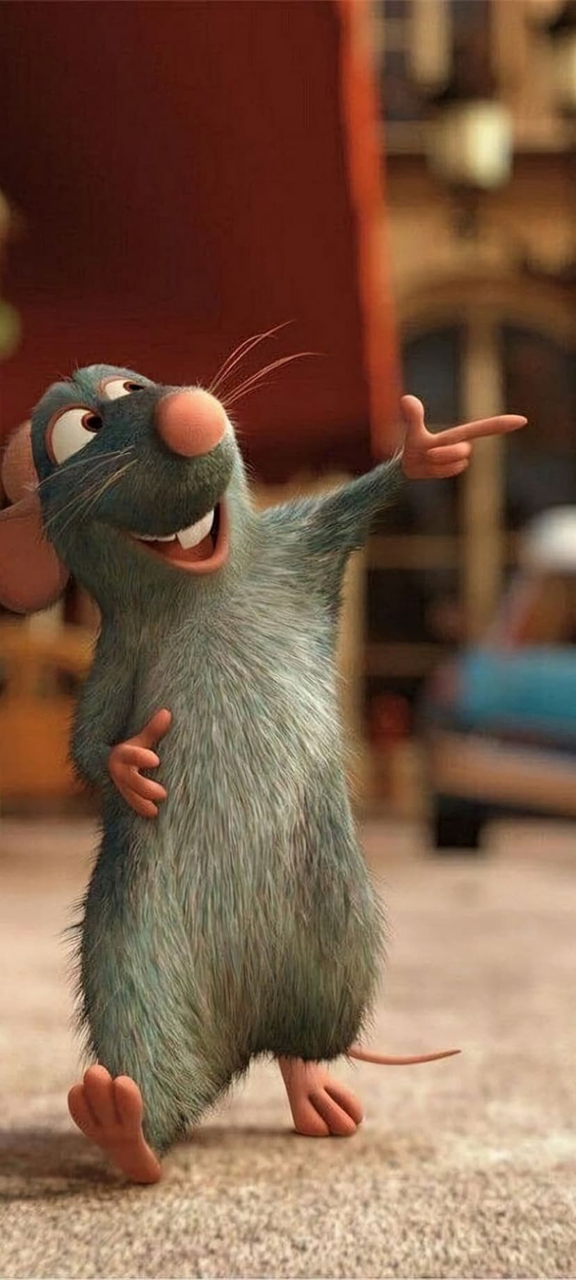Remy the rat pointing with a wide smile and bright eyes against a blurred evening street scene in Paris.