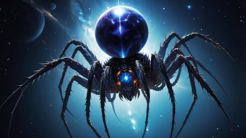 Giant spider-like creature with a glowing blue planet on its back floats in a dark, star-filled nebula.