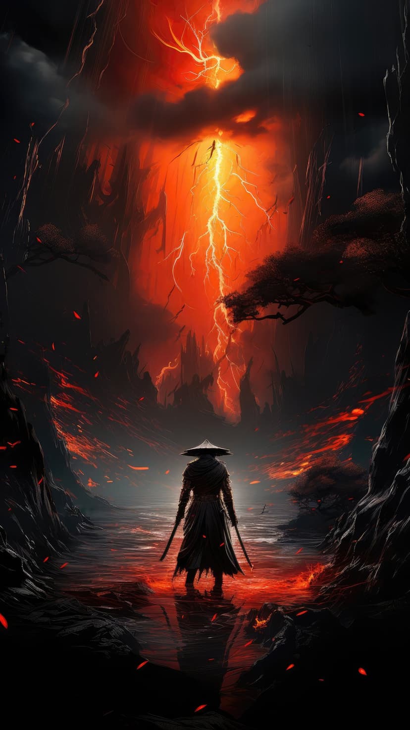 Samurai silhouette stands before red lightning and dark cliffs reflected on a glowing molten ground.