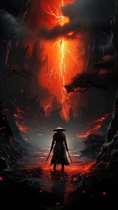 Samurai Warrior Facing Molten Storm Fantasy Phone Wallpaper